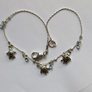Turtle Charm Bracelet with Light Blue Crystal Accents, Silver Tone